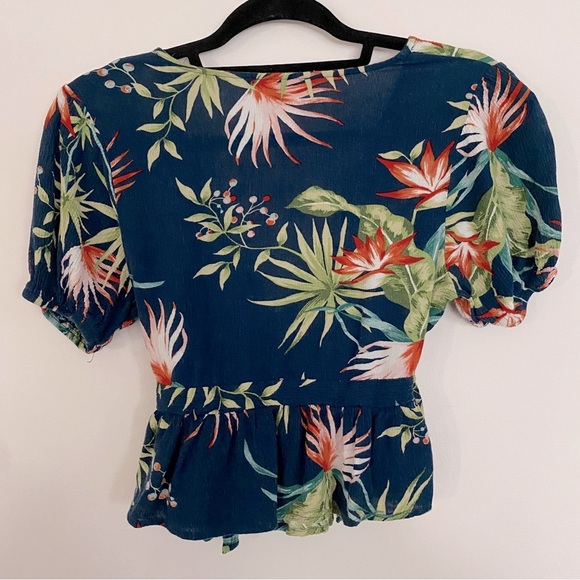 Blue Tropical Print Puff Sleeve Wrap Top - Picture 3 of 3